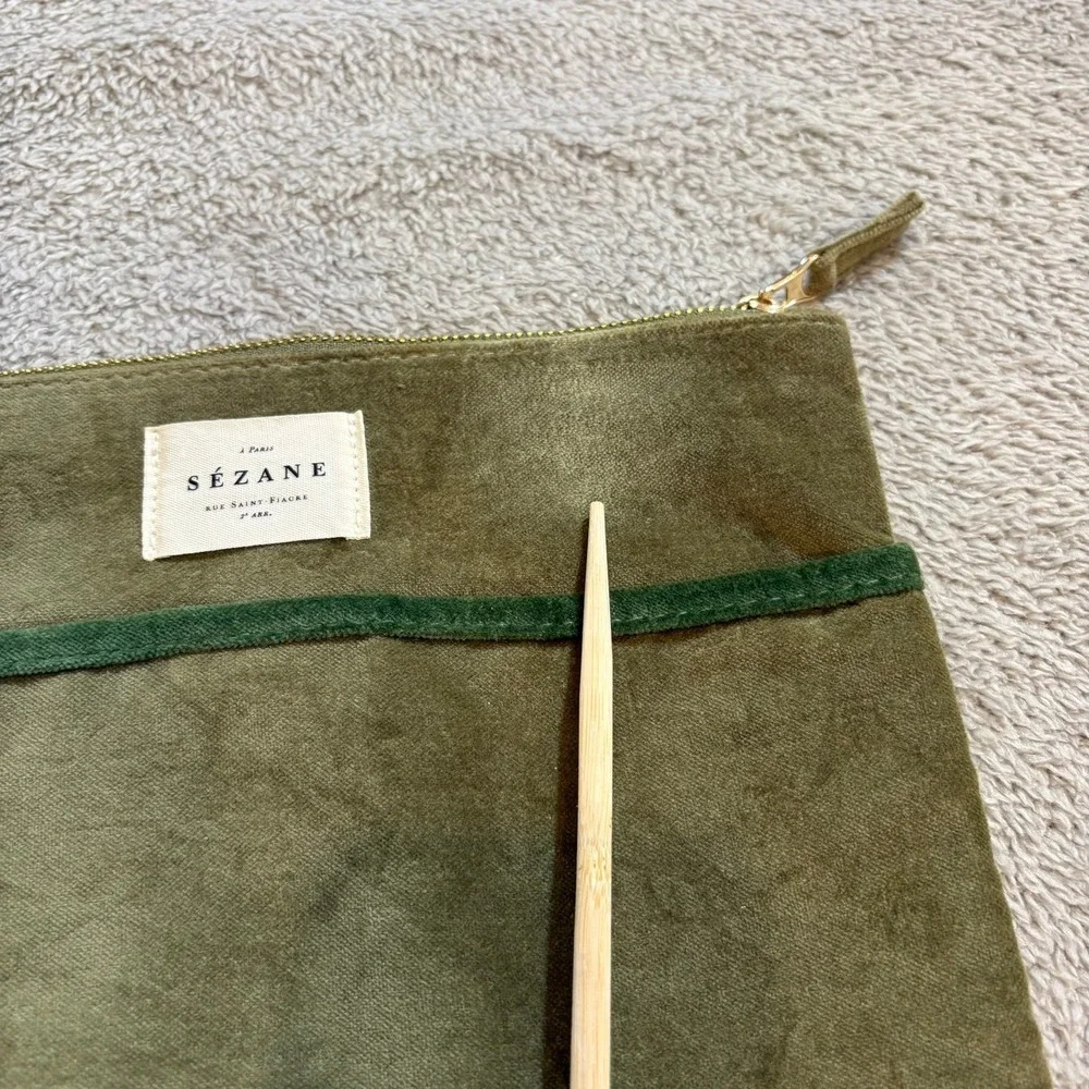 Sezane Olive Green Cotton Velvet Zippered Pouch Makeup Bag Clutch Travel - Picture 10 of 10